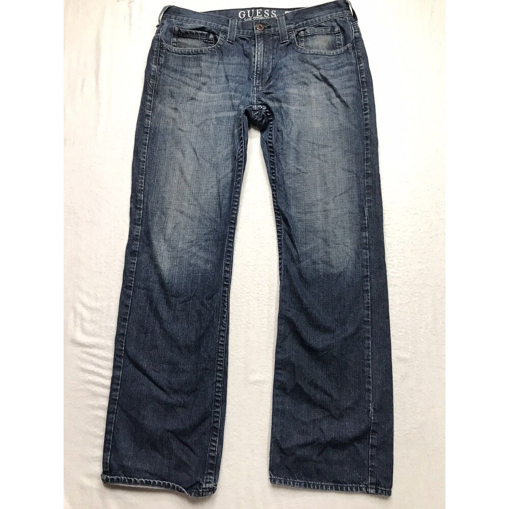 GUESS Pasadena Flap Jeans Men 36x32 Straight Leg Whisker Wash Blue Denim